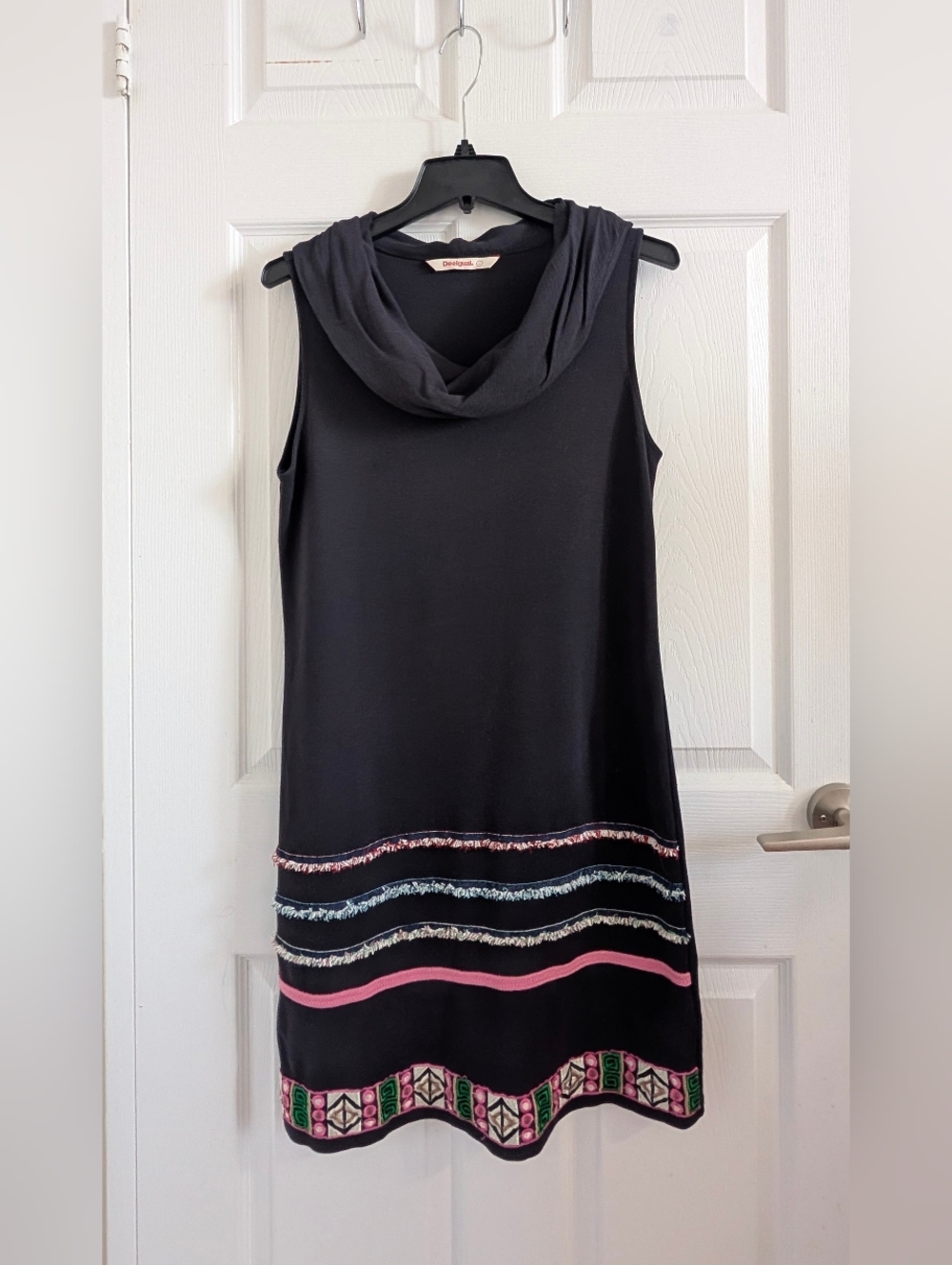 Desigual Purple  Knit Sleeveless Cowl Neck Dress Embroidered Boho Fringe Hem L